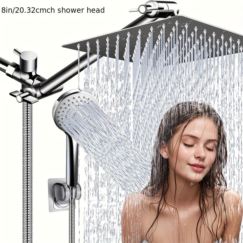 [High Pressure Shower Head] High Pressure 8/12 Inch Rainfall Shower Head & Handheld Combo | 5 Settings Adjustable, Anti-Leak, 11 Inch Extension Arm, Height/Angle Adjustable With Holder/Hose