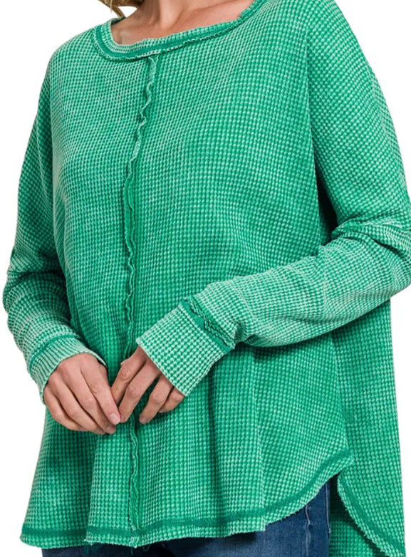 Women's Casual Washed Waffle Long-Sleeve Pullover Top