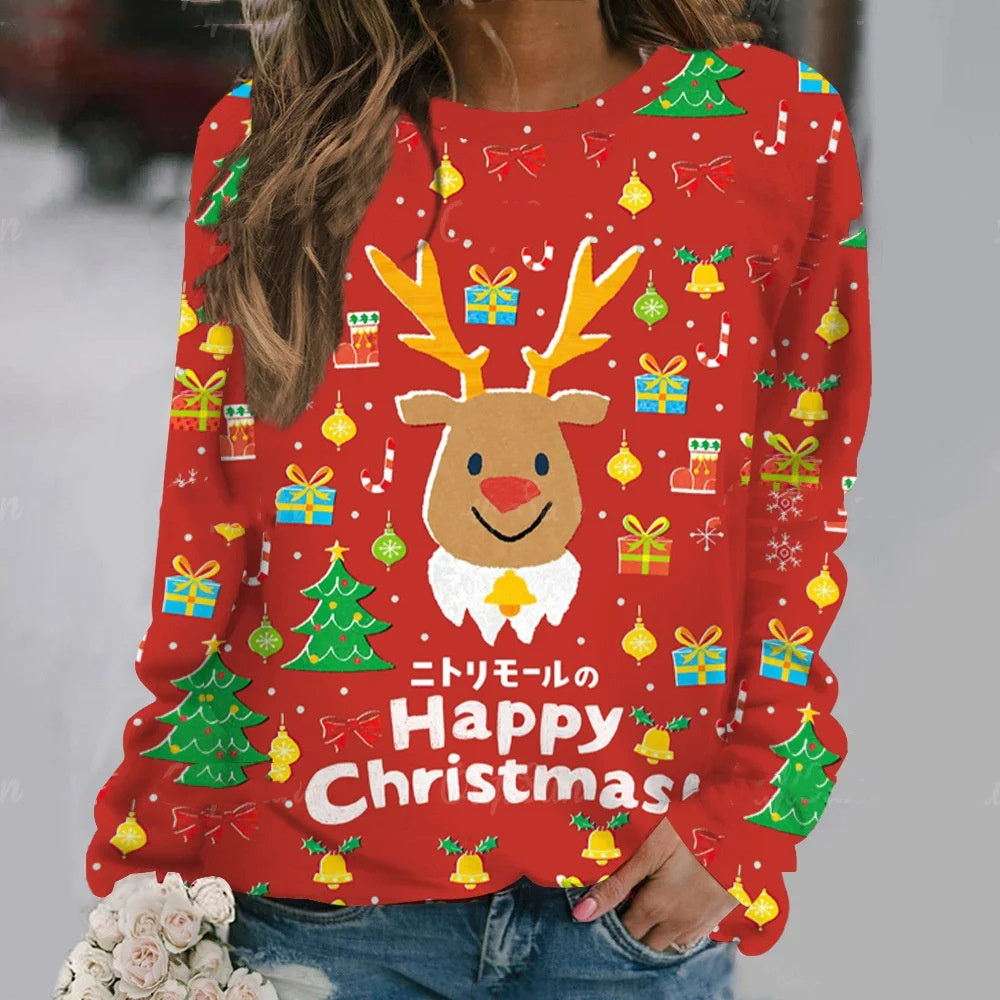 Women's 3D Cartoon Elk Print Loose Long Sleeve Sweatshirt
