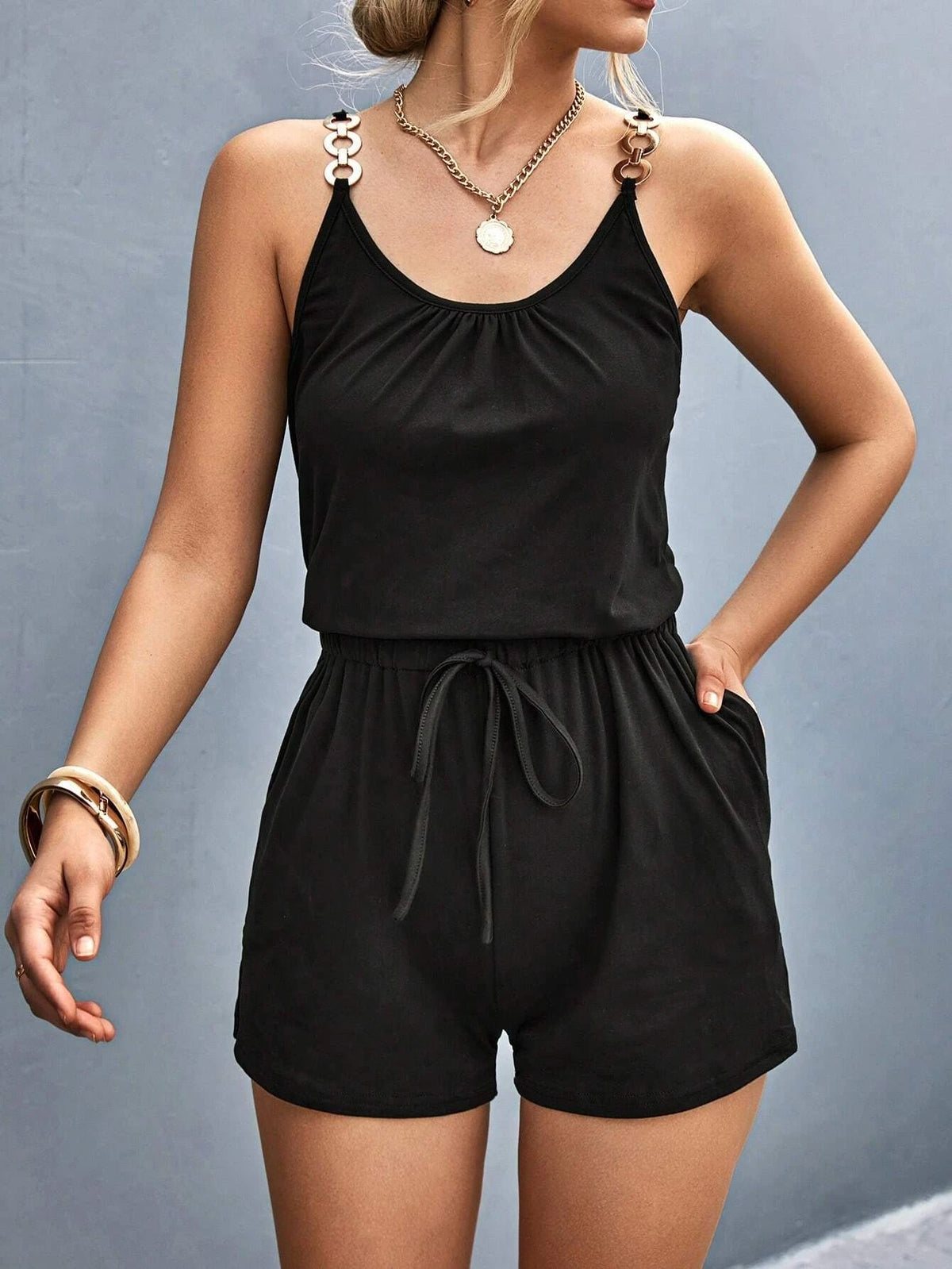 Women's Chic Pleated Metal Strap Summer Jumpsuit