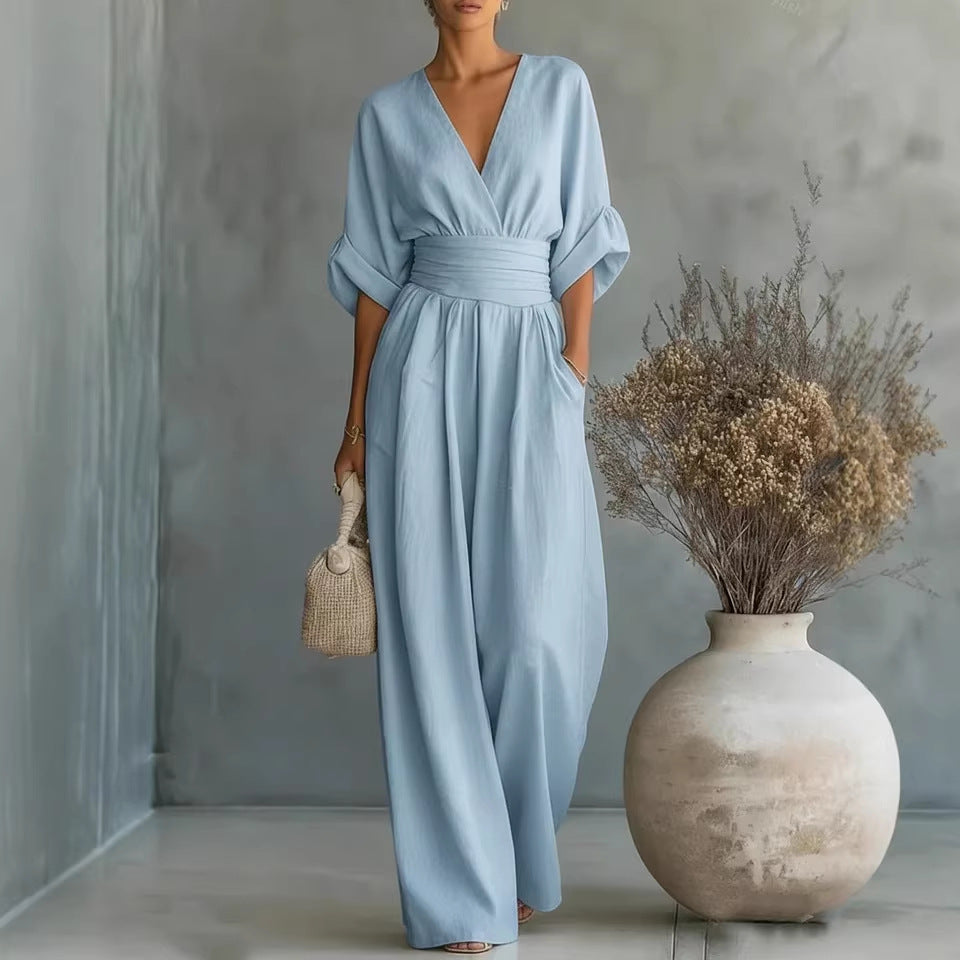 Elegant V-Neck Wide-Leg Waist-Cinching Jumpsuit
