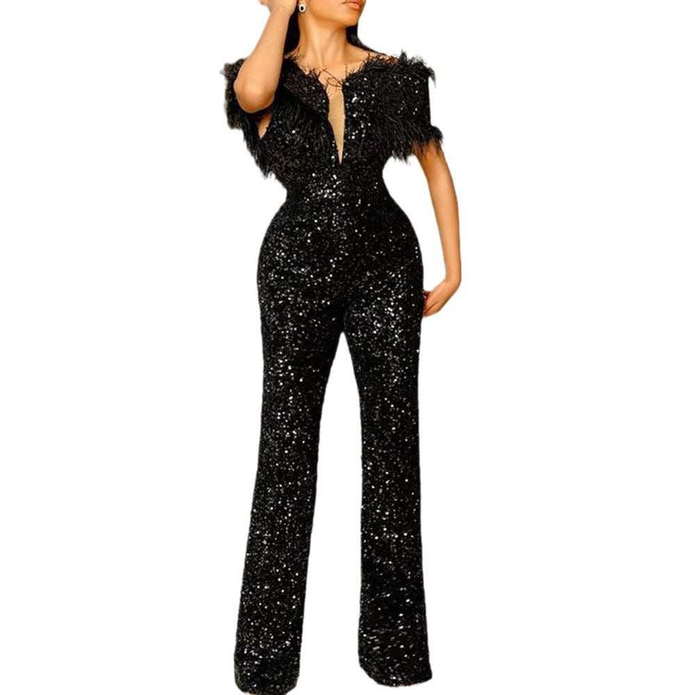 Sequin Feather Slim-Fit Jumpsuit for Women