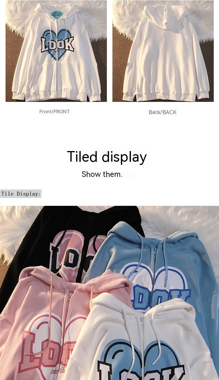 Polyester Fiber Hooded Sweater Students Korean Style Loose Design Couple Coat