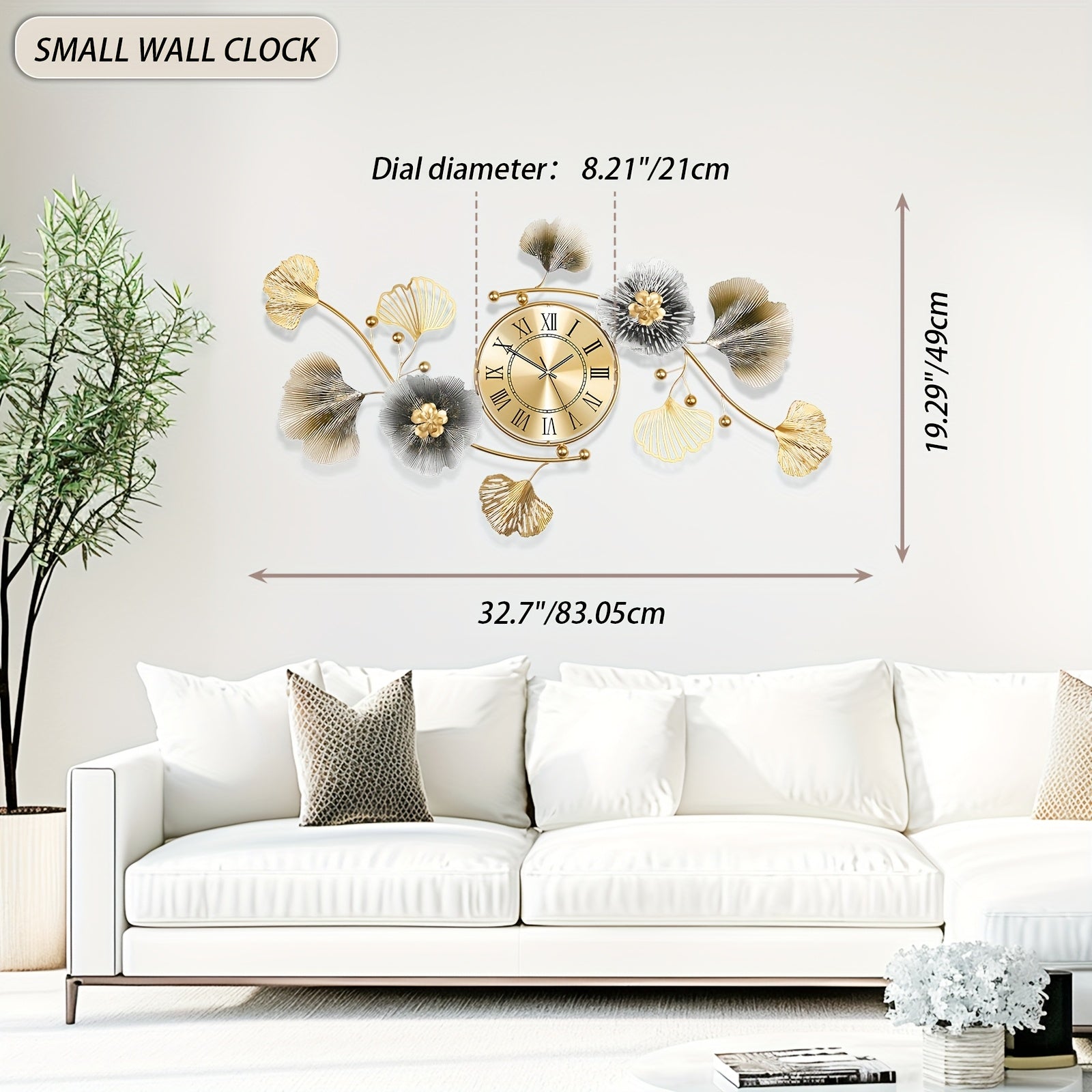 Large Metal Wall Clock, Non Ticking Battery Powered Clock, Wall Clock Decorative, 3D Ginkgo Leaf Decor, Horizontal Or Vertical Hanging, Dual Clock Hands, Quick Installation, for Living Room, Office & Bedroom (Arab&Rome)