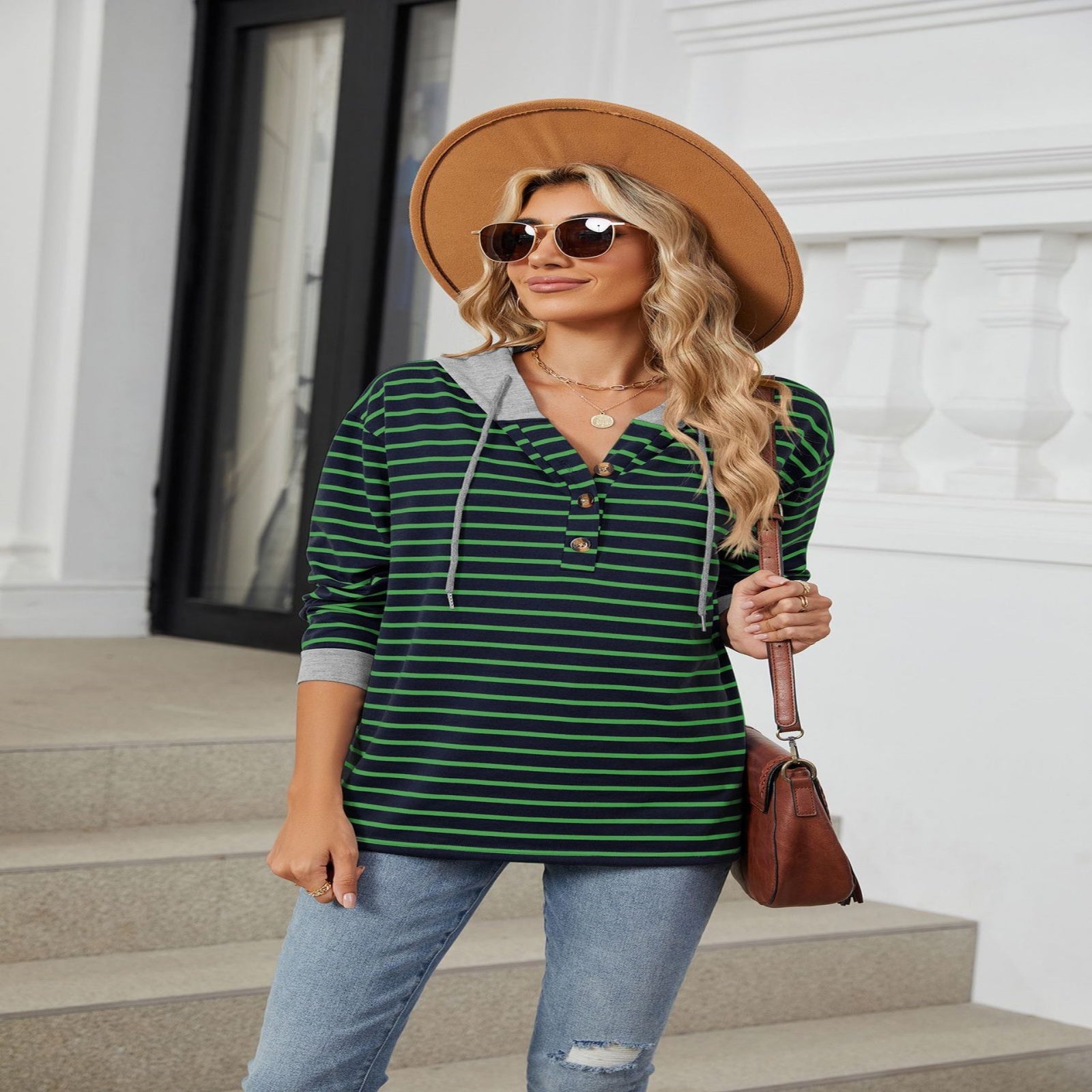 Women's Color Block Striped Hooded Loose Sweatshirt