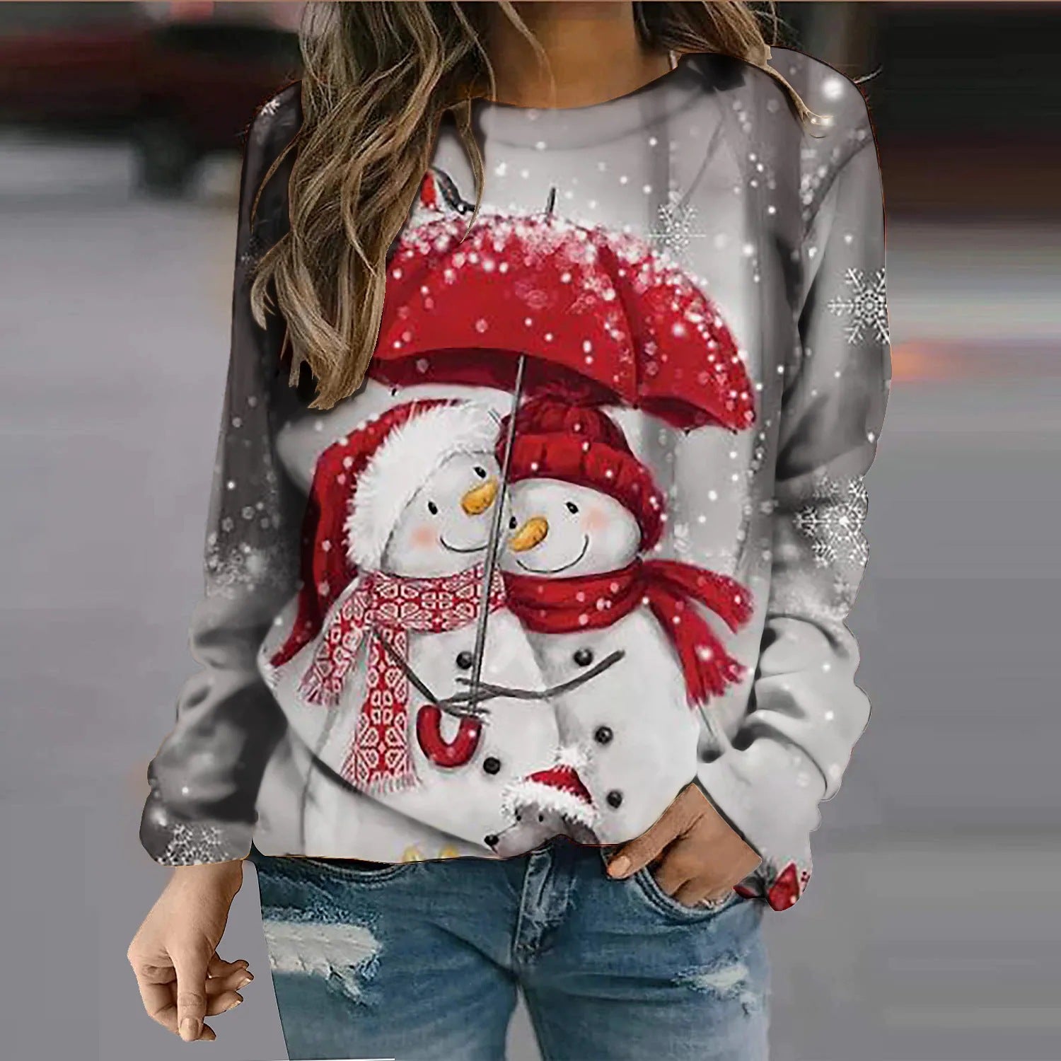 Festive Snowman Print Crew Neck Sweatshirt