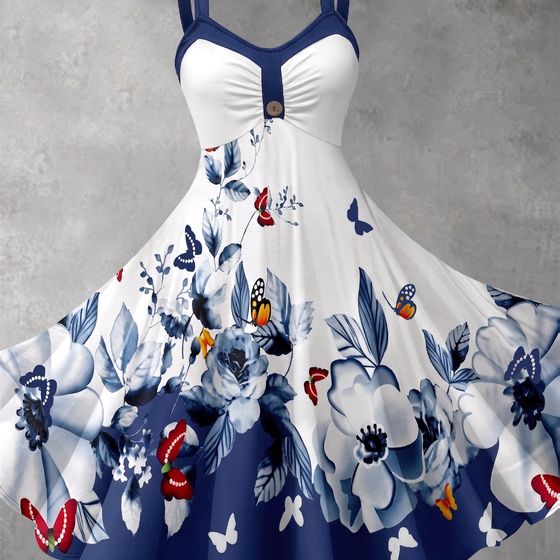 Butterfly Floral Print Camisole Maxi Dress with Color‑Block Flared Design – Elegant Long Summer Dress