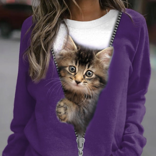 Cute Cat Print Casual Round Neck Pullover Sweatshirt