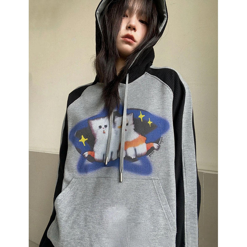 Retro Starry Cat Oversized Hoodie for Women