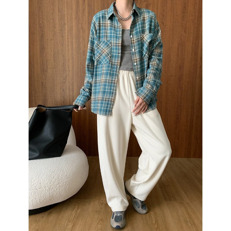 Vintage Washed Brushed Cotton Plaid Long Sleeve Shirt