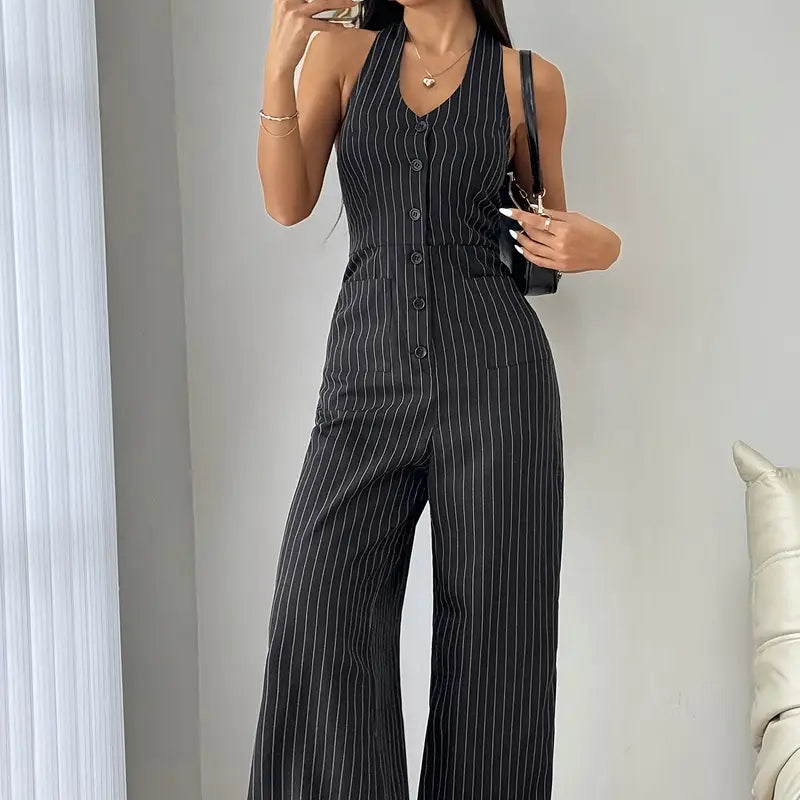 Casual Striped Front Button Sleeveless Jumpsuit