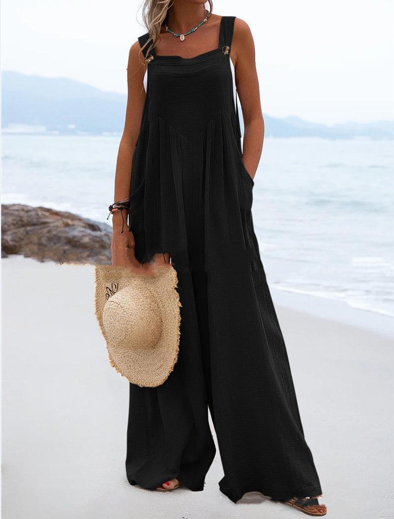 Sleeveless Wide-leg Buttoned Ethnic-style Jumpsuit