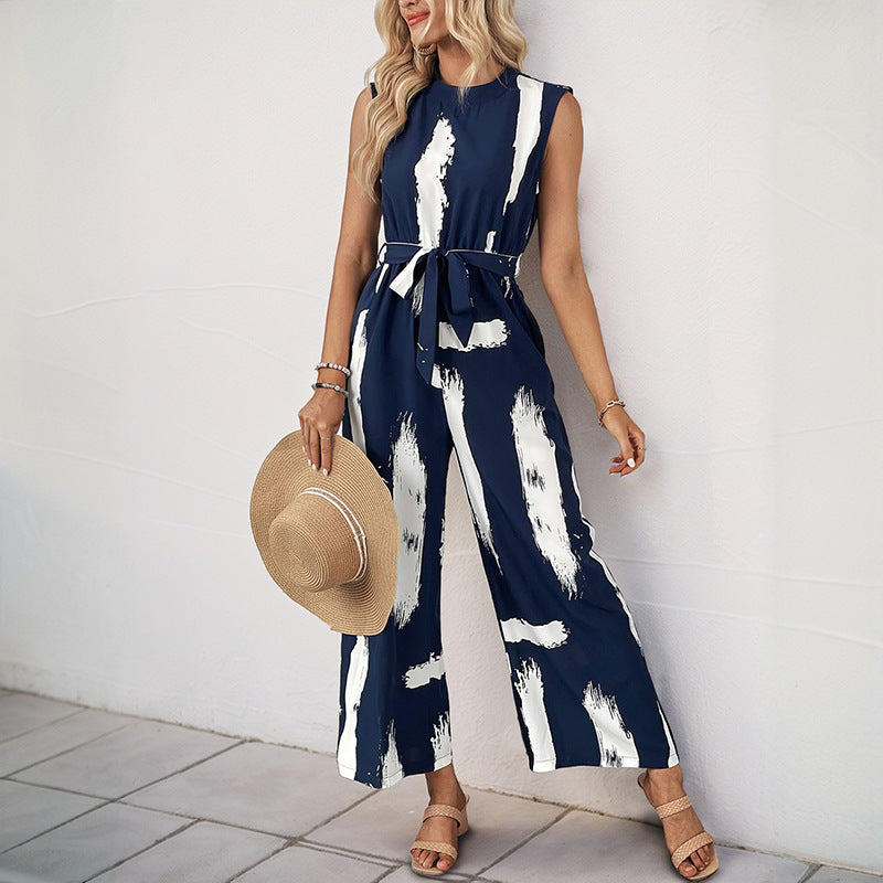 Resort-style Womens Sleeveless Printed Wide-leg Jumpsuit