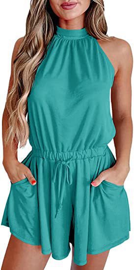 Women's Printed Halter Lace-Up Loose Jumpsuit Romper