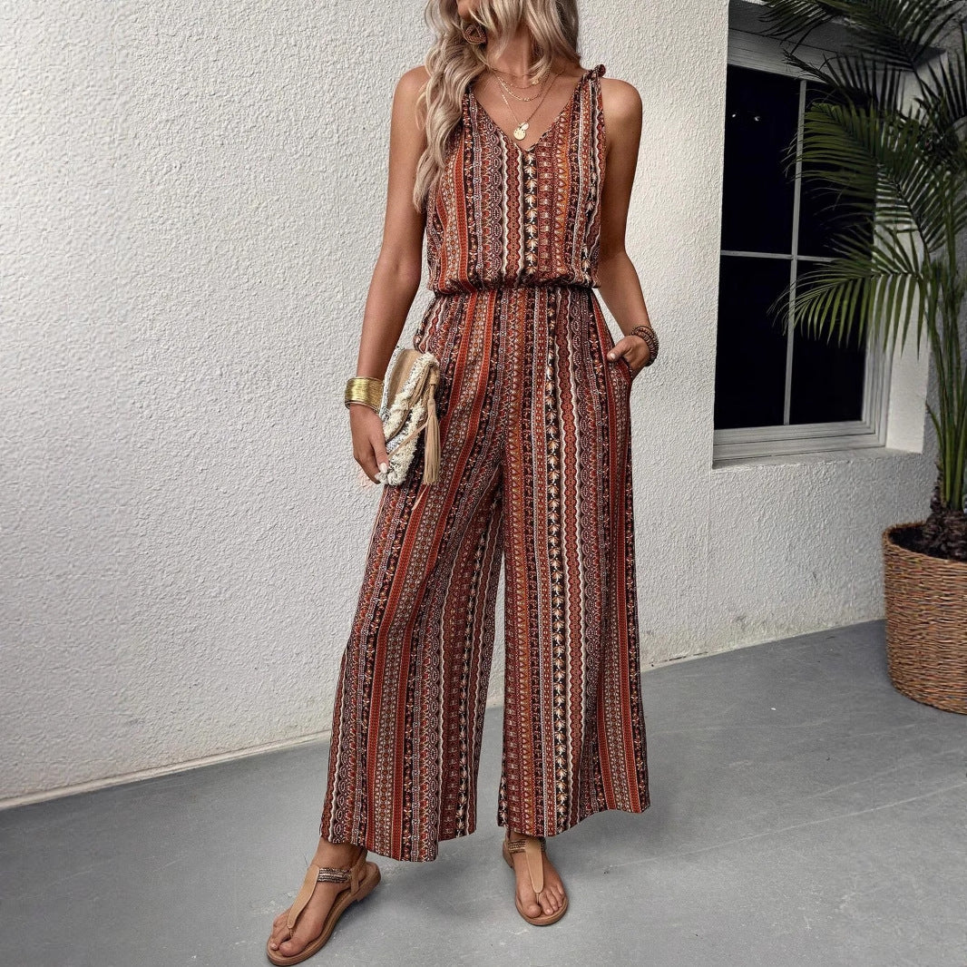 Casual Striped Wide-Leg Jumpsuit with Straps & Elastic Waist