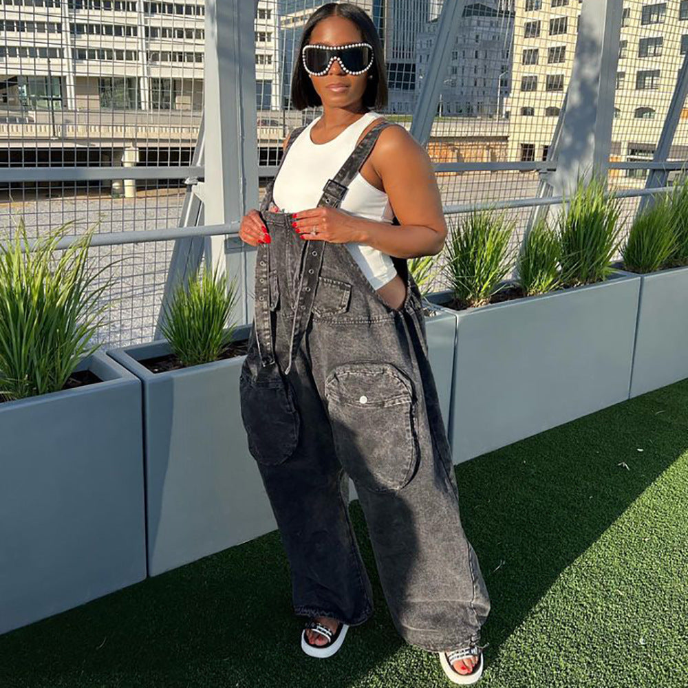 Women's Fashion Personality Street Large Pocket Wide Leg Pants