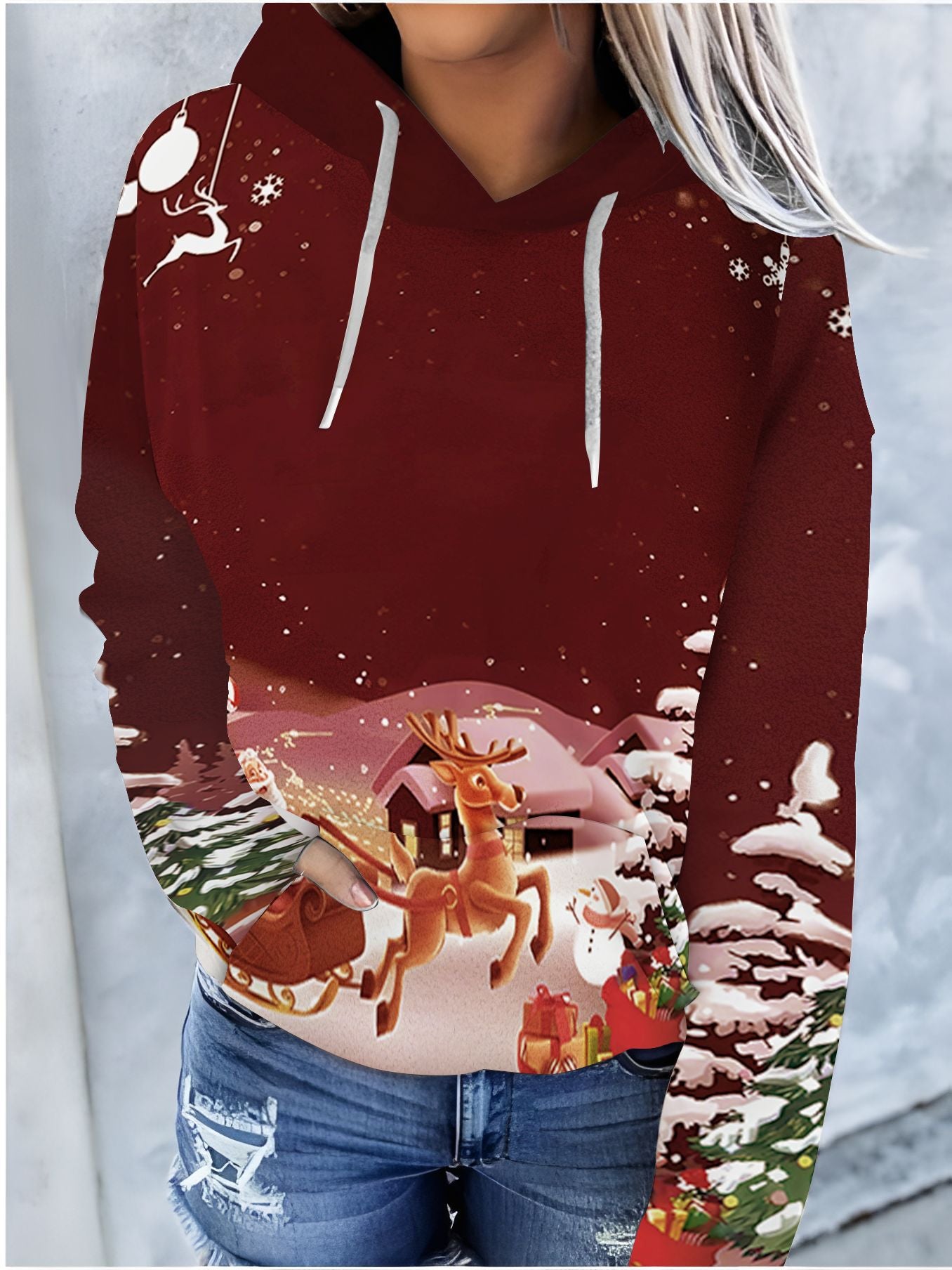 Festive Christmas Print Drawstring Hoodie