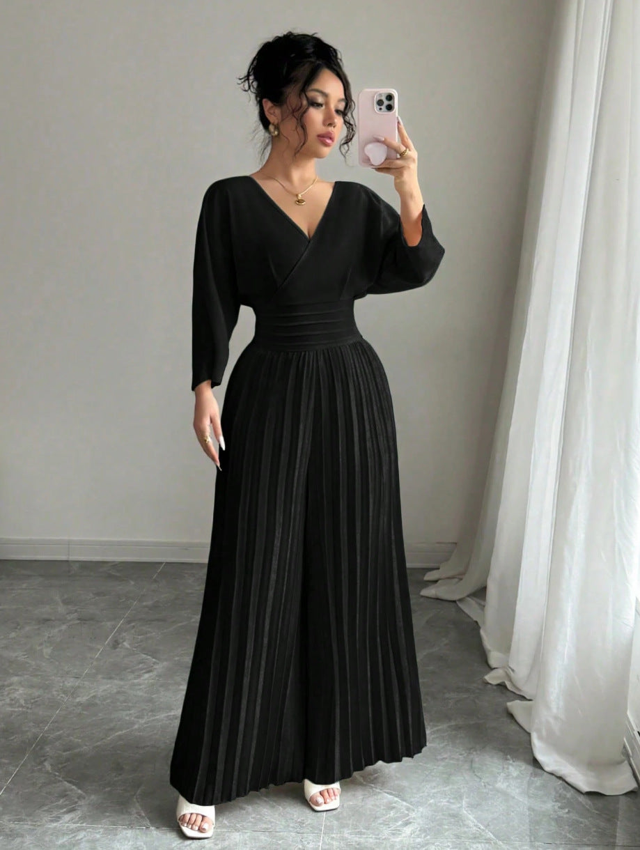 Solid-color Pleated Jumpsuit Pants For Women