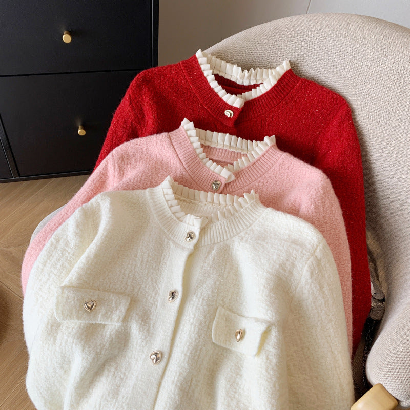 Women's Soft Glutinous Heart Buckle Red Sweater