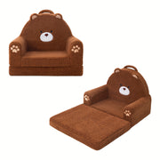 [2-in-1 Convertible Sofa] Kids Sofa 2-in-1 Convertible Kids Couch Fold Out Lounger Soft Sherpa Kids Chair High-Density Foam Sofa Cute Brown Bear Playroom Nursery Furniture for Boys Girls Room Decor