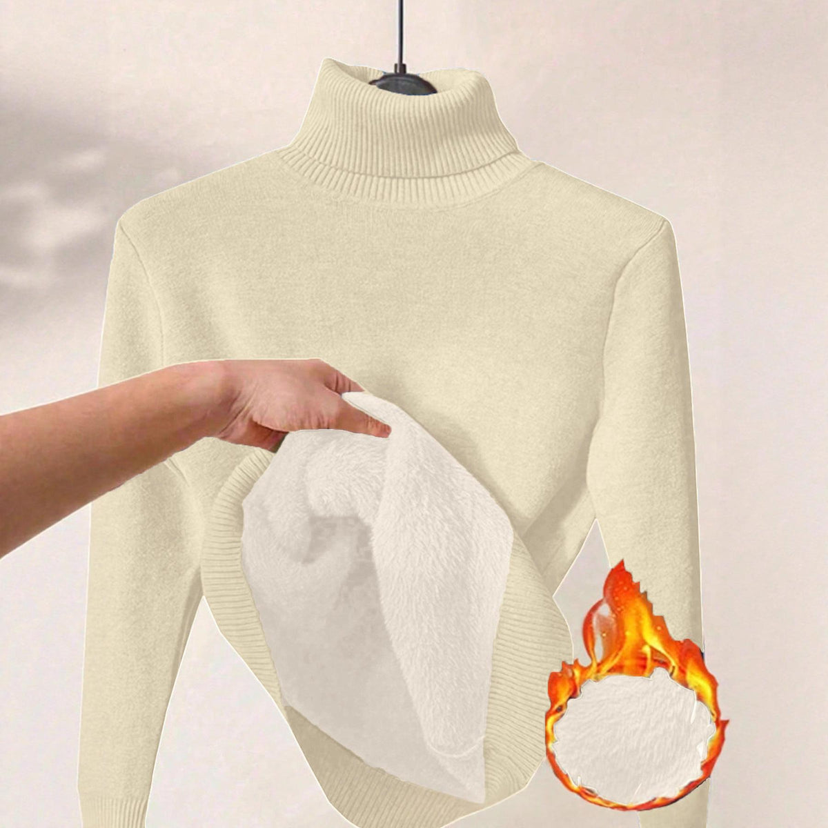 Womens Solid-color Thermal Turtleneck Fleece-lined Sweater
