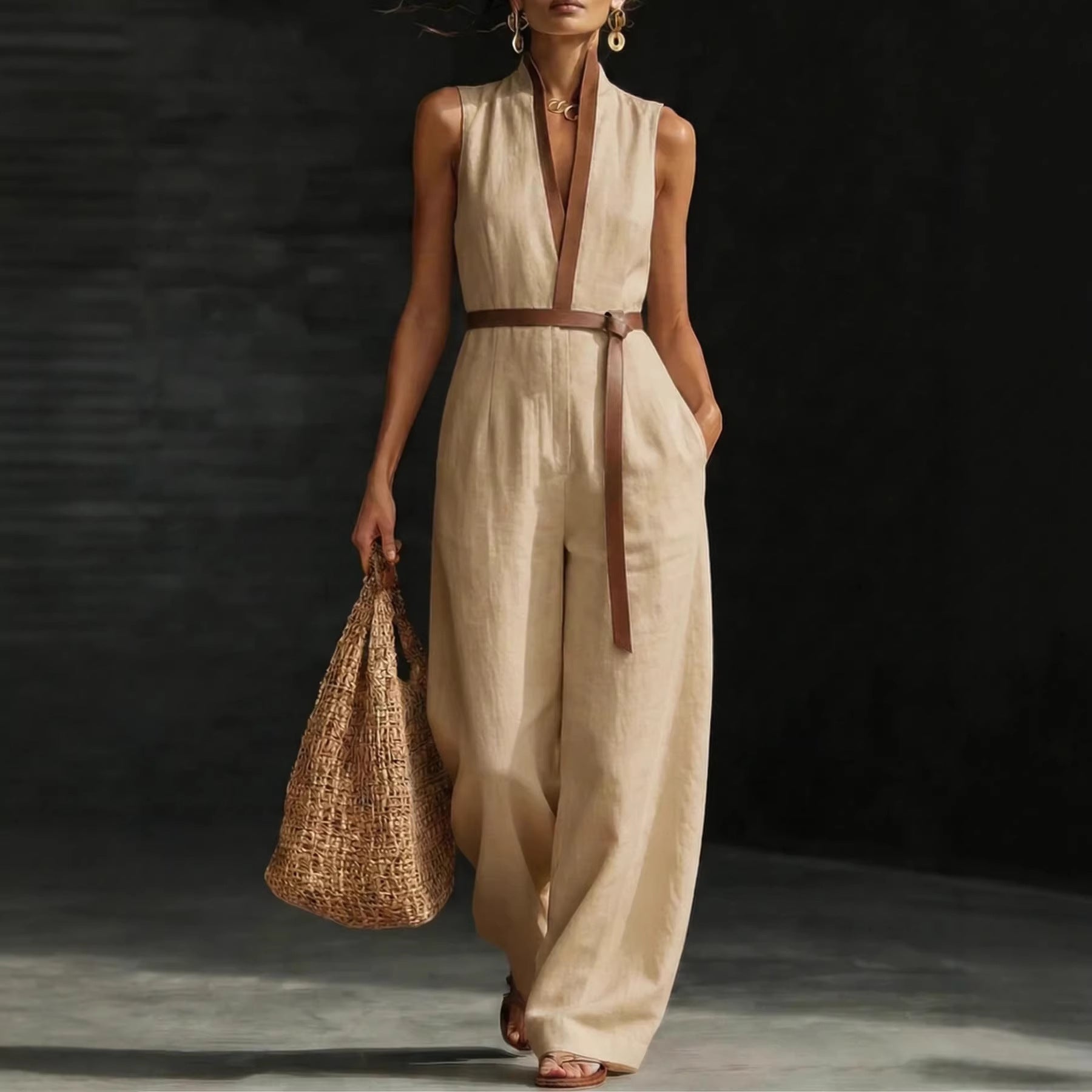 Womens Sleeveless Spliced Off-Shoulder Loose Jumpsuit