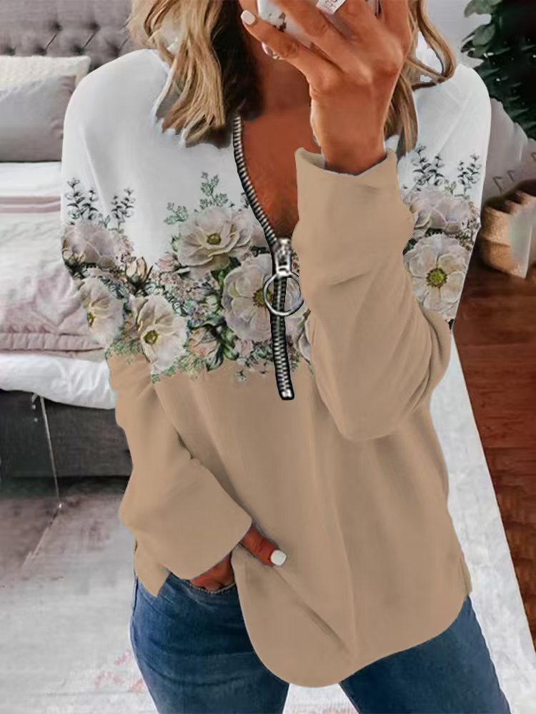 Floral Print Zip-Neck Pullover Sweater