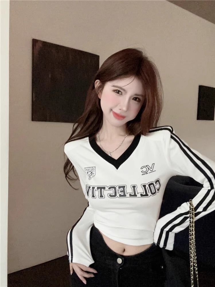 Women's Threaded Cotton V-neck Letter Printed Bottoming Shirt
