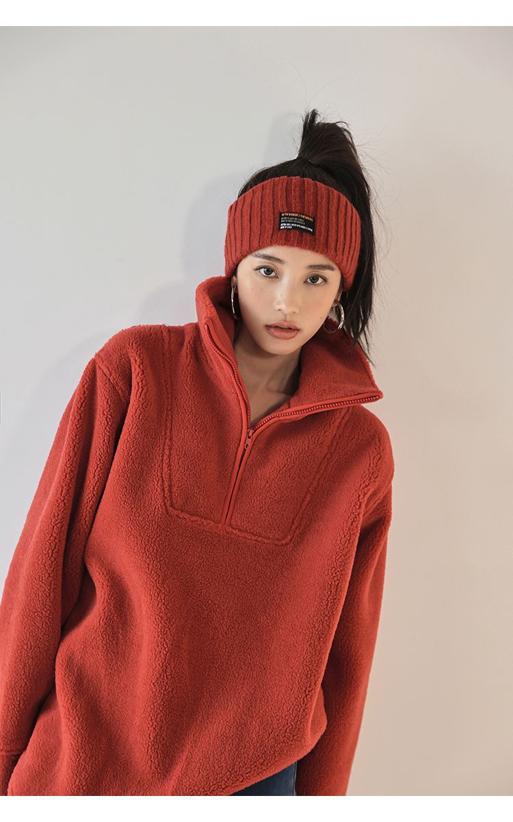 Winter Fleece-lined Zipped Stand Collar Coat Casual Loose-fitting Women's Sweater