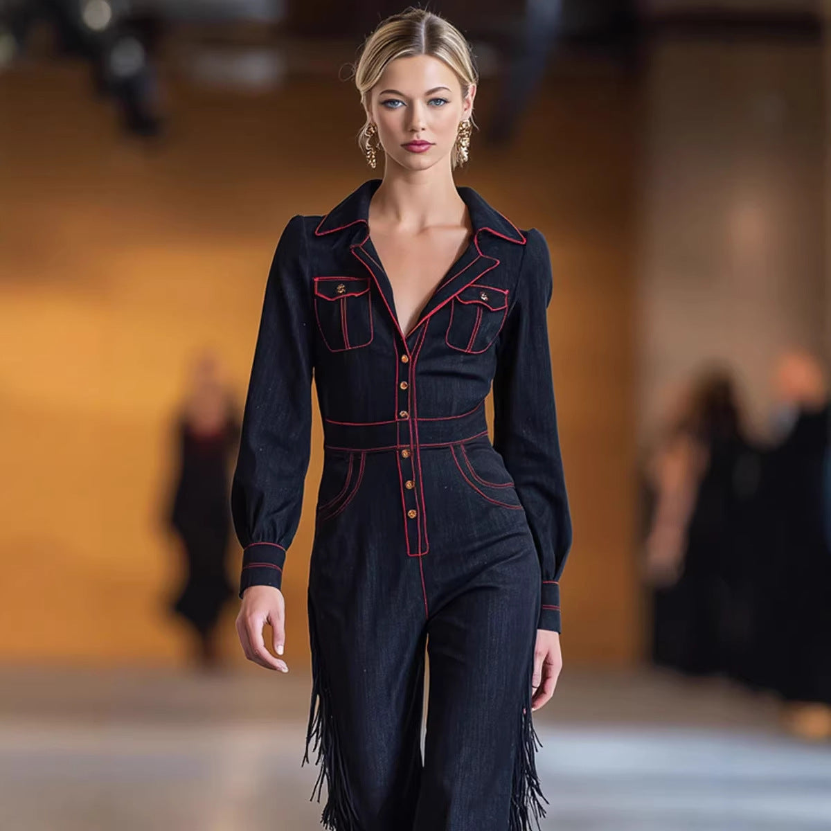 Long-Sleeve Tassel Flared Jumpsuit