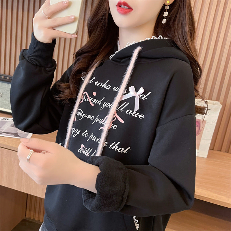 Women's Letter Print Long Sleeve Hooded Sweater