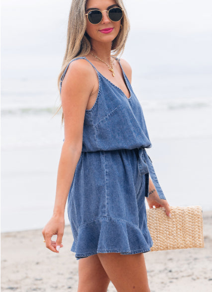 Blue V-Neck Ruffled Chambray Romper with Belt