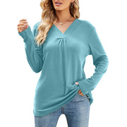 Women's Casual V-Neck Long Sleeve Loose Solid T-Shirt
