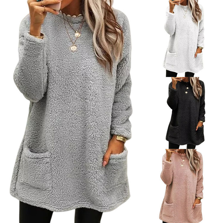 Women's Casual Pocket Long Sleeve Velour T-Shirt Dress