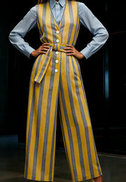 Women's American Retro V-Neck Button-Down Waist Wide-Leg Jumpsuit