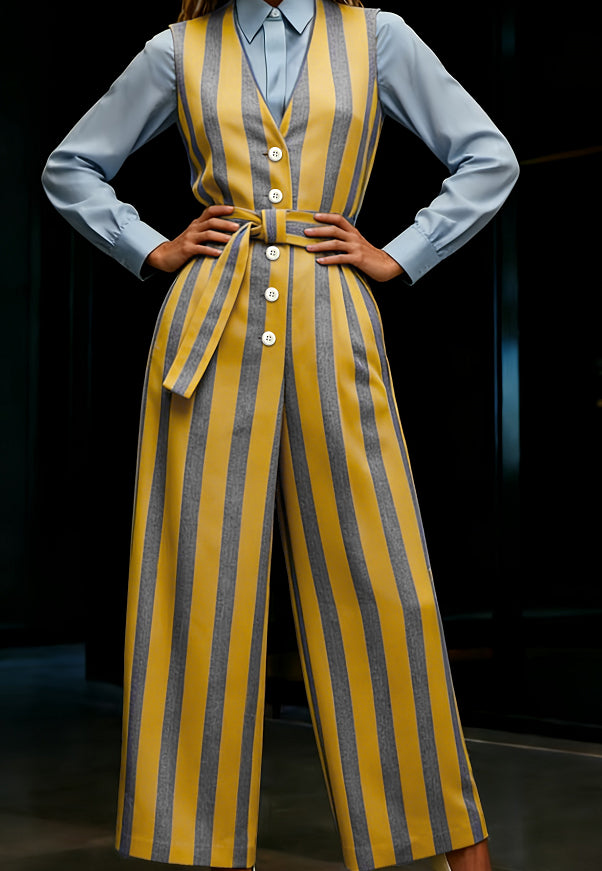 Women's American Retro V-Neck Button-Down Waist Wide-Leg Jumpsuit