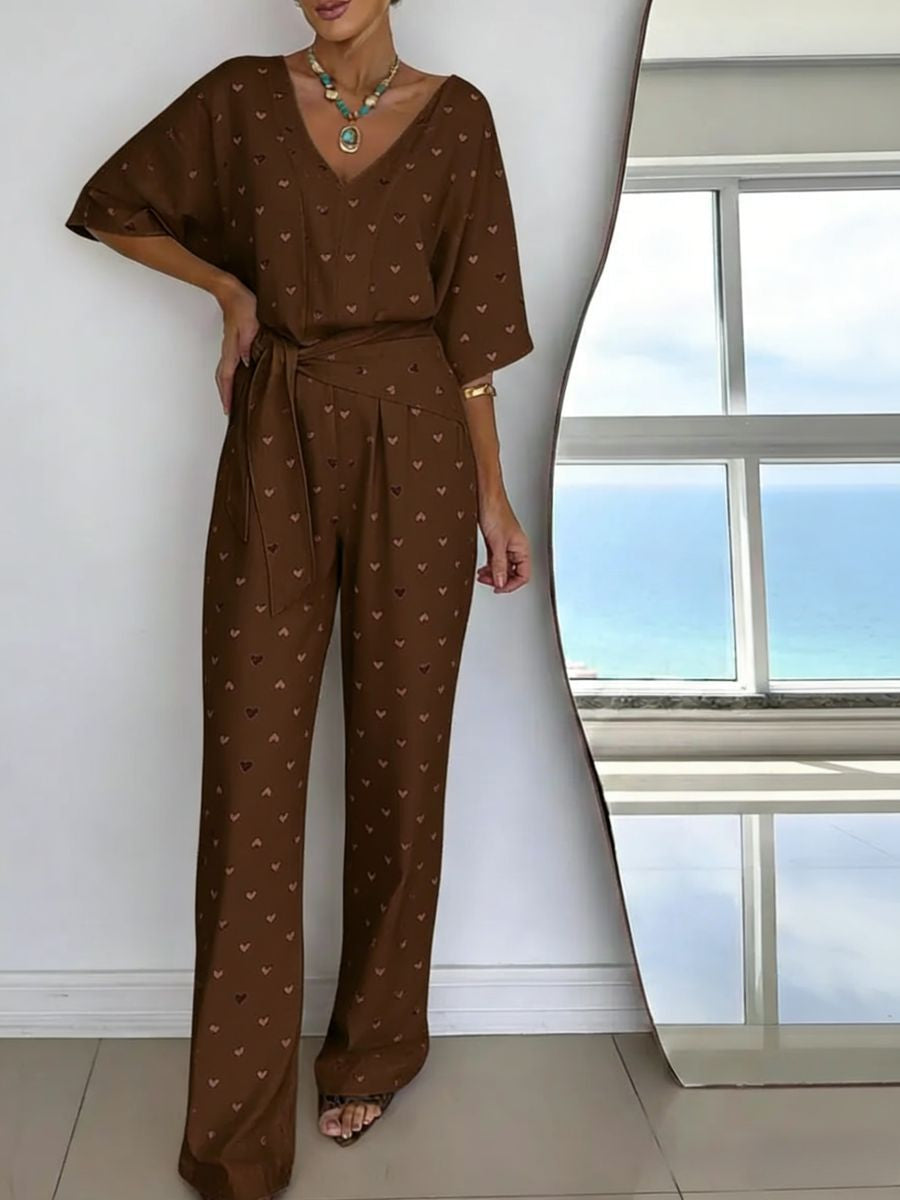 Womens V-neck Casual Mid-length Sleeve Belted Jumpsuit