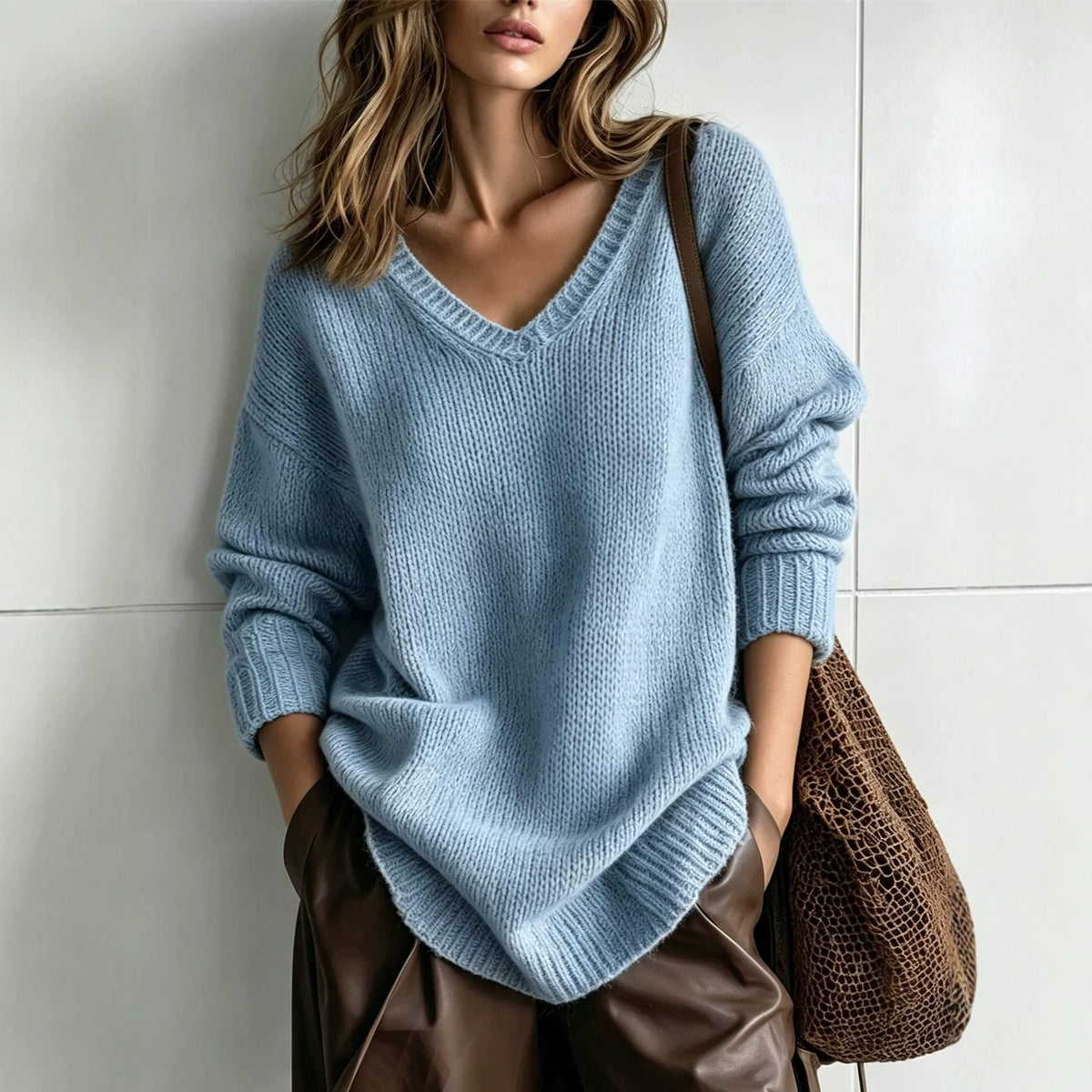 Womens Loose V-neck Pullover Top