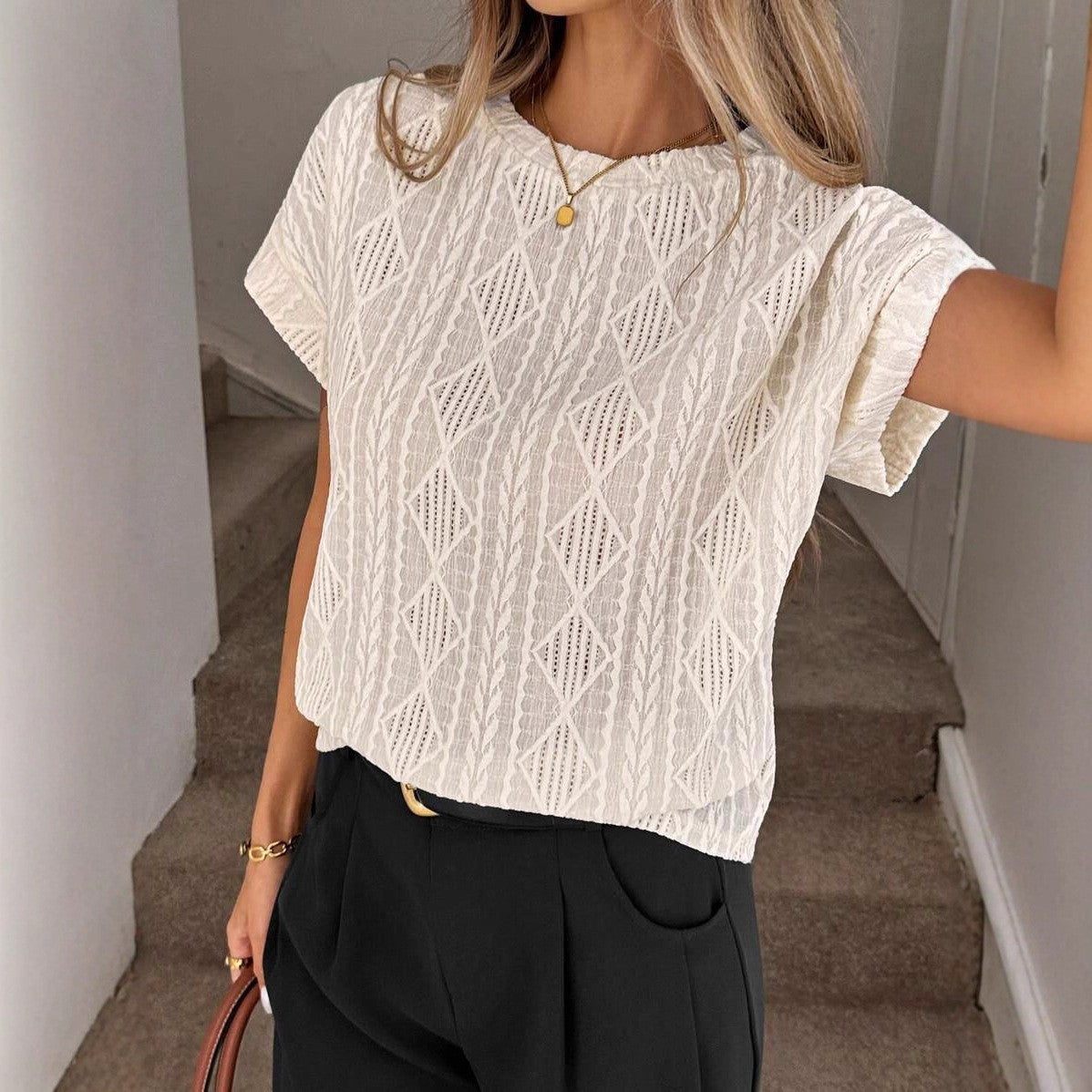 Soft Apricot & Black Jacquard Crew‑Neck T‑Shirt – Casual Comfort