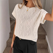 Soft Apricot & Black Jacquard Crew‑Neck T‑Shirt – Casual Comfort