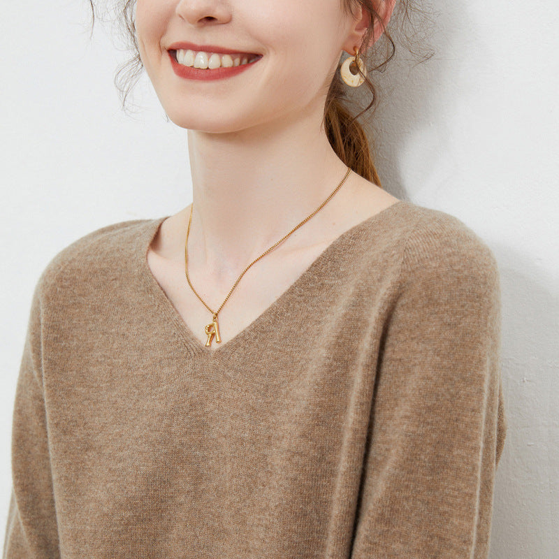 Pure Wool V-Neck Long-Sleeve Sweater for Women