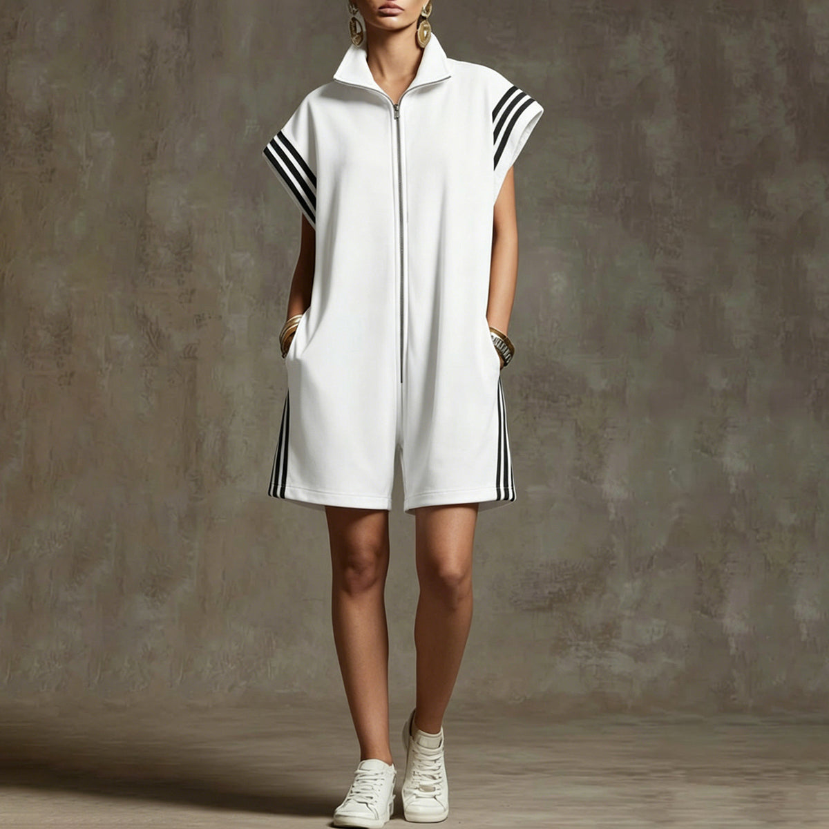 Chic Striped Color-Block Zip Jumpsuit for Women