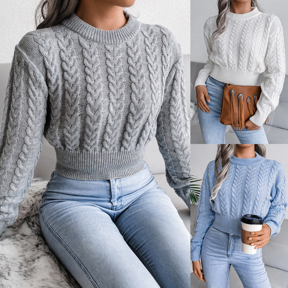 European and American-style Cabled Waist-cinching Cropped Knit Sweater