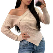 Women's Slouchy Knitwear Fall Winter Sexy Off-shoulder Fitted Asymmetrical Hem T-shirt Sweater with Waist Taper