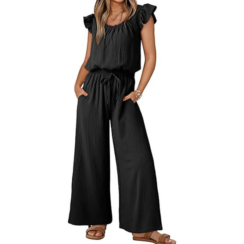 Chic Pleated Square Collar Camisole & Wide Leg Jumpsuit