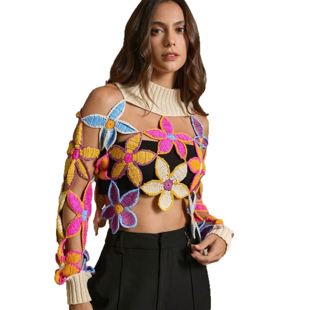 Handmade Crocheted Women's European and American Fashion High Collar Short Sweater