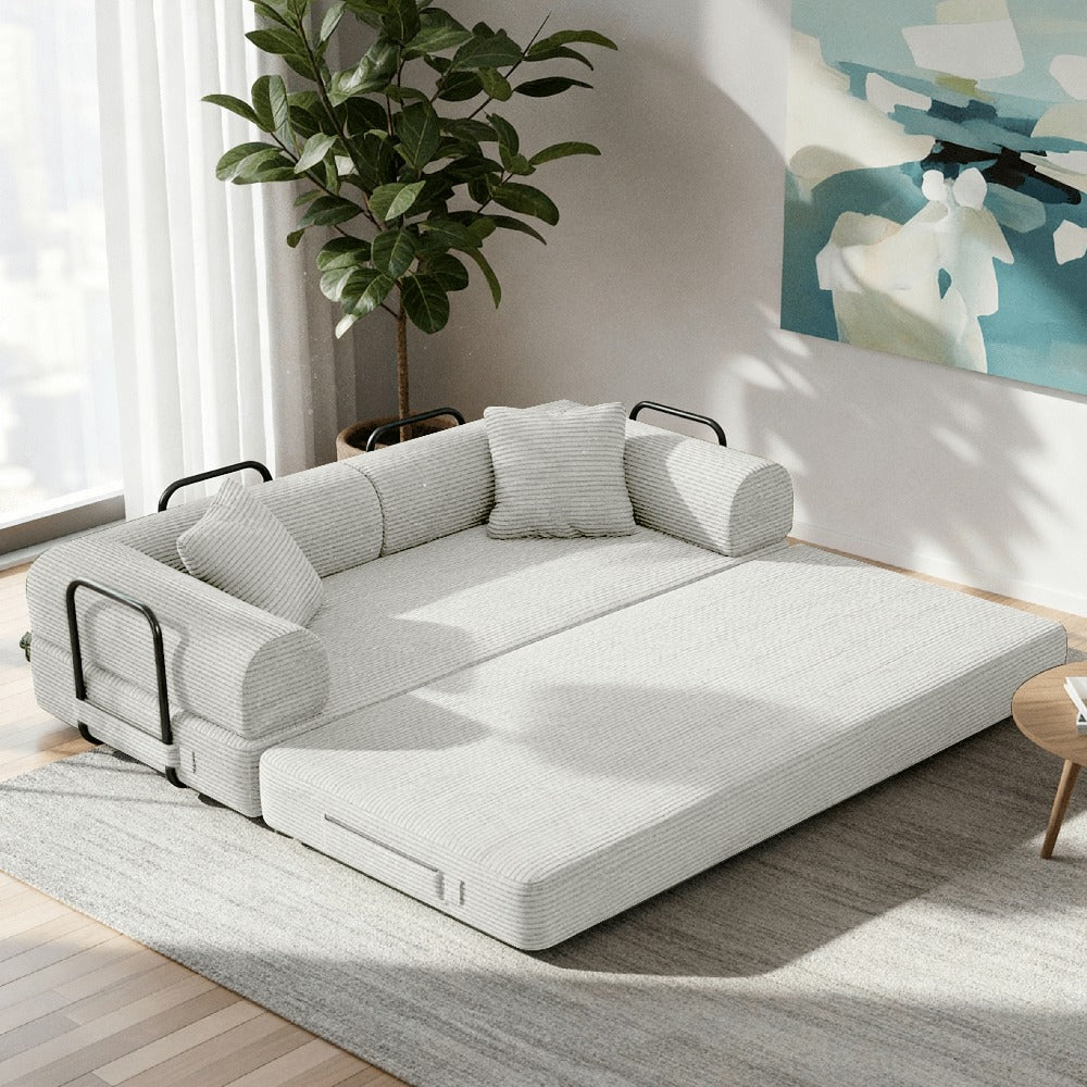 Modular L-shaped chaise longue sofa bed with deep seat and corduroy upholstery