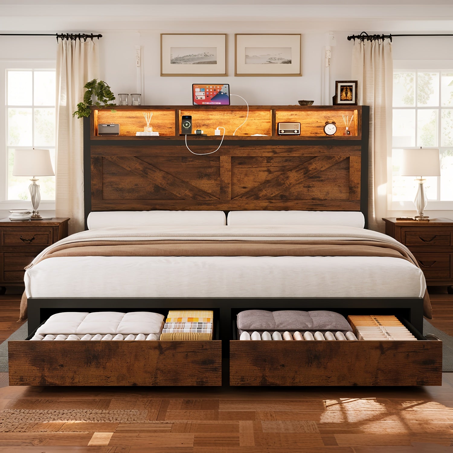Farmhouse Storage Bed Frame with Headboard Drawers, Built‑in LED Light and USB Charging Outlet