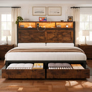 Farmhouse Storage Bed Frame with Headboard Drawers, Built‑in LED Light and USB Charging Outlet