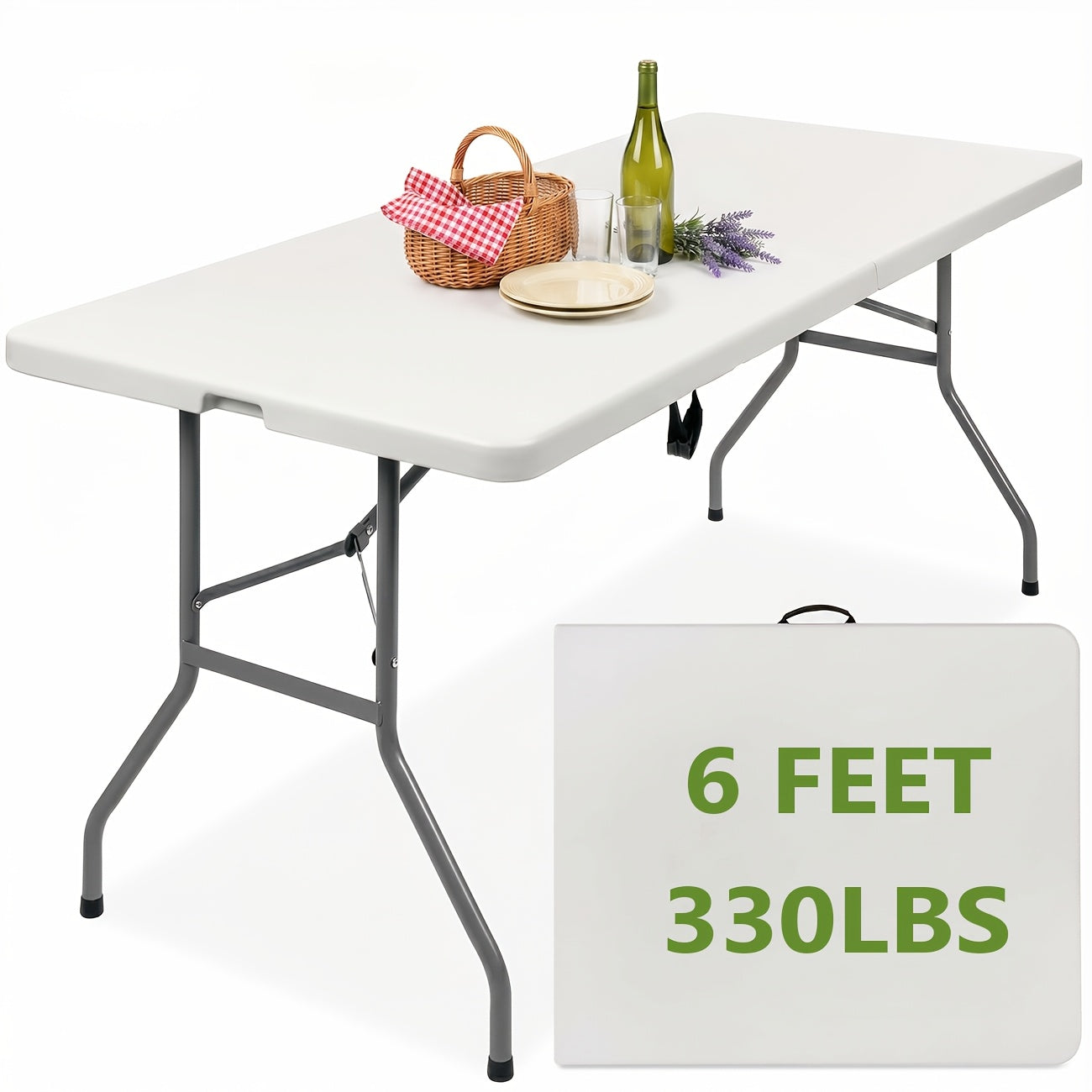 [Portable Camping Table] 6Ft Folding Table, Portable Dining Table With Carrying Handle And Locks, Picnic Table, Camping Table, Indoor & Outdoor, White